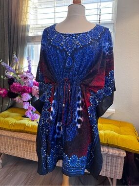 Kaftan Cover Up Dress Red blue one size